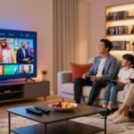 Arab family enjoying the best iptv germany arabic channels in 4K