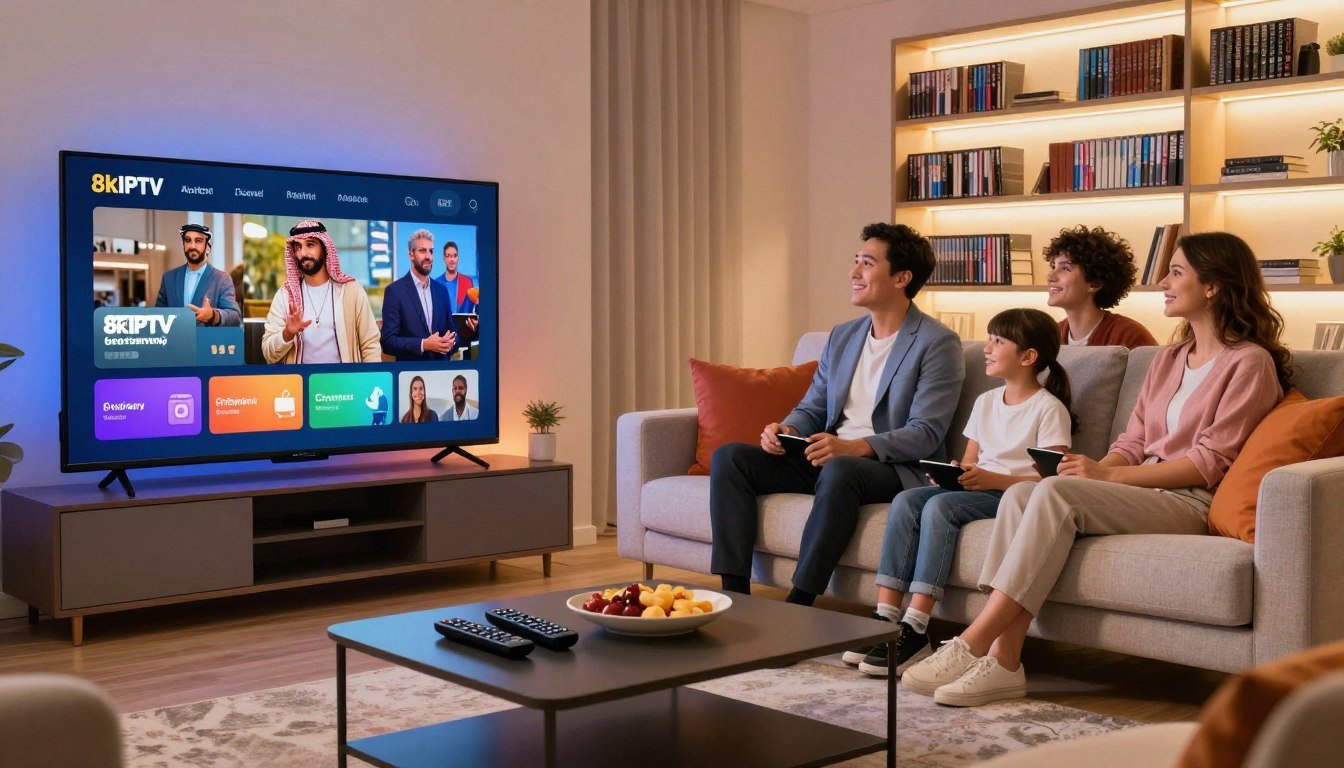 Arab family enjoying the best iptv germany arabic channels in 4K